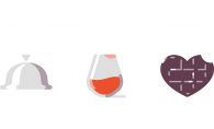 Illustrated icons of a dinner platter, a wine glass and a heart.