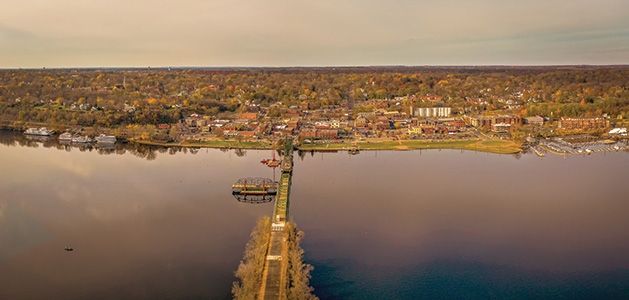 A drone photograph of the Stillwater Bridge across the St. Croix River