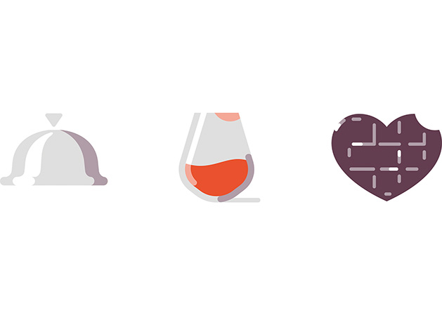 Illustrated icons of a dinner platter, a wine glass and a heart.