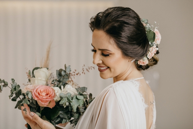 Bride with flowers in her hair.