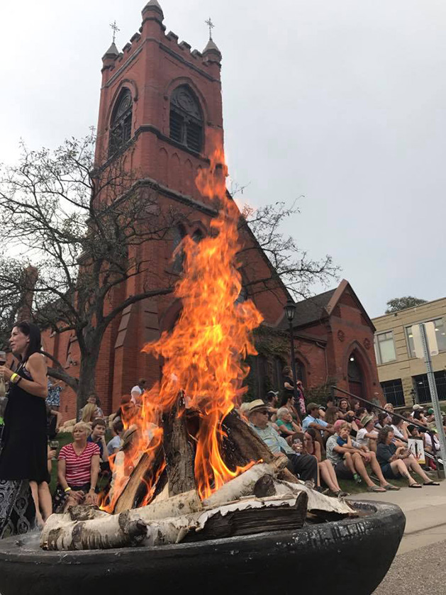 A bonfire burns at the Episcopal Church of the Ascension's Bagpipes & Bonfires event.