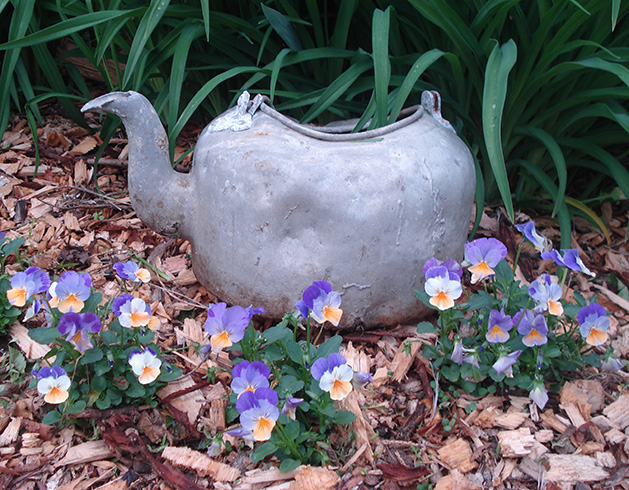 A teapot planter and purple posies in a garden.