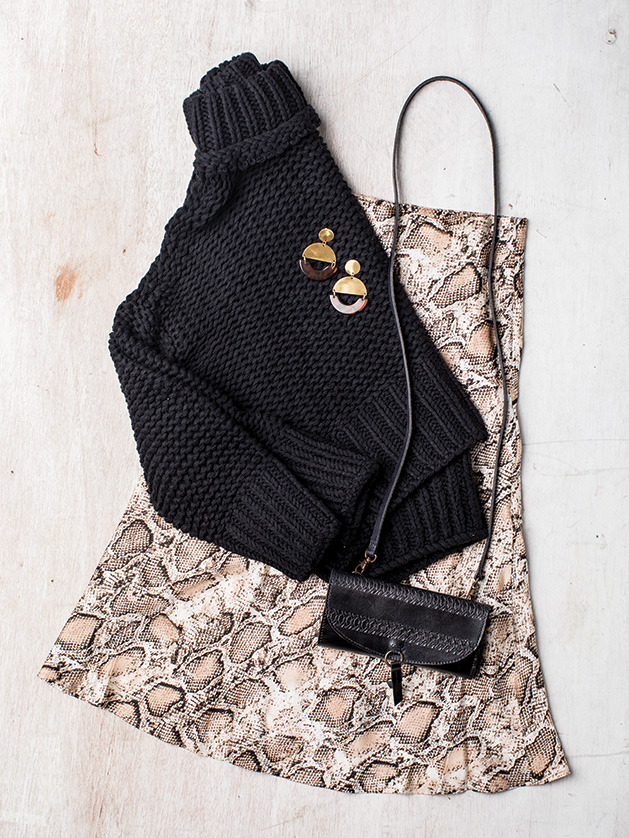 A sweater, skirt, earrings and purse from Kenzington Boutique