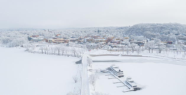 Hudson covered in snow, shot from a drone.